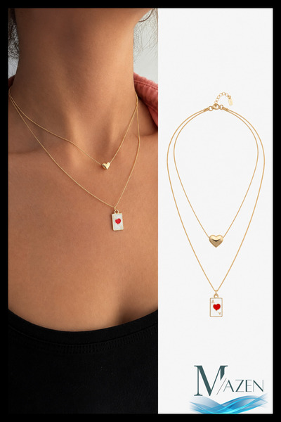 MAZEN Double Heart and Card Necklace |   Silver Color |   Layered Women's Jew...