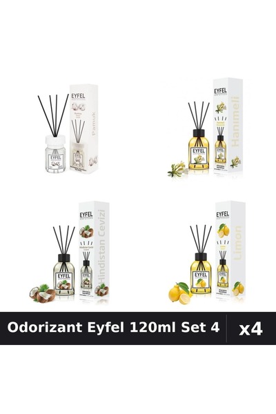 Eyfel Set 4 Odorizante Camera cu Betisoare 120ml - Bumbac, Lamaie, Cocos, Man...