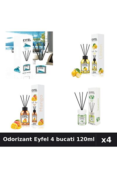 Eyfel Set 4 Odorizant Camera cu Betisoare - Ocean, Lamaie, Mango, Iasomie 120ml