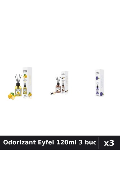 Eyfel Set 3 Odorizante Camera cu Betisoare - Lamaie, Vanilie, Zambile, 120ml