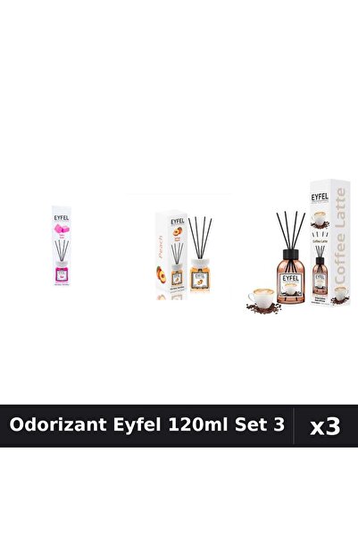 Eyfel Set 3 Odorizante Camera cu Betisoare 120ml - Bubble Gum, Piersica, Cafea