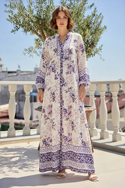 ALFA AKSESUAR 03 Women's V-Neck Gathered Waist Floral Patterned Viscose Purpl...
