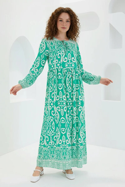 buğrahayalin Women's Gathered Waist Floral Patterned Viscose Green Dress