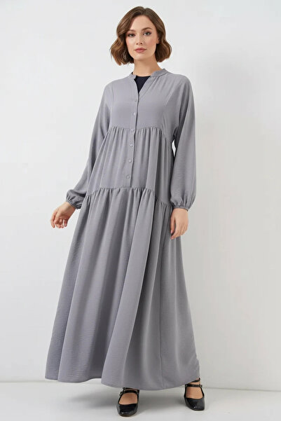 buğrahayalin Women's Shirt Collar Gathered Waist Ruffled Buttoned Gray Hijab ...