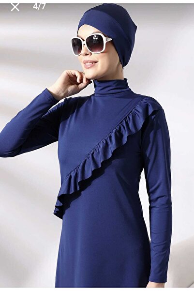 SUERTO Dark Blue Long Sleeve Ruffled Knitted Stretchy Pants Hijab Swimsuit Set