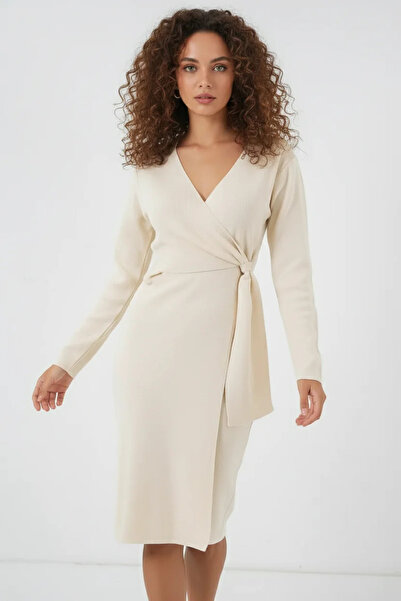 buğrahayalin Women's Double-Breasted Collar Knitwear Ecru Dress
