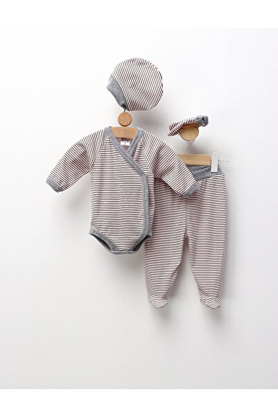 MiniKids Set 4 piese bebe, cu dungute, roz-gri
