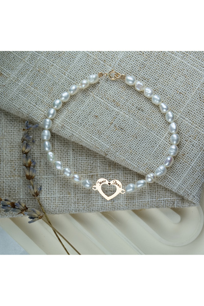 BLACK SWAN Bijoux Bratara din perle de cultura si inima din aur 14K gravat nu...