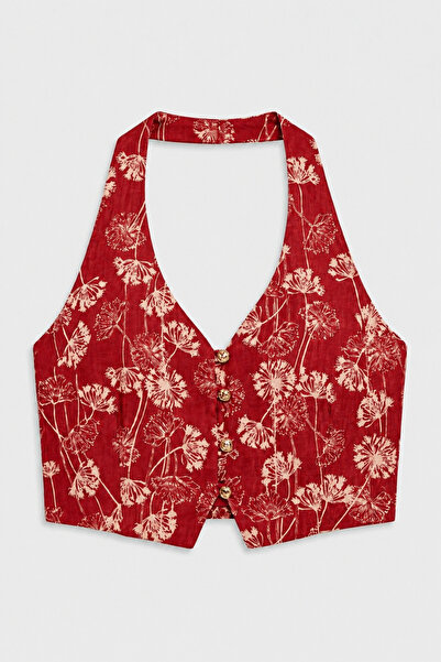 Noi Belis Crop Boy Çiçek Desenli Büyük Aksesuar Detaylı Dokuma Yelek SS26BZ0168