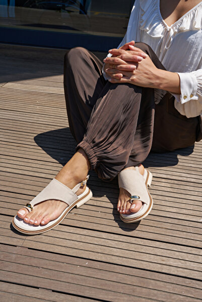 ANGELİNA JONES Corspi Women's Beige Genuine Leather Suet Flip Flops