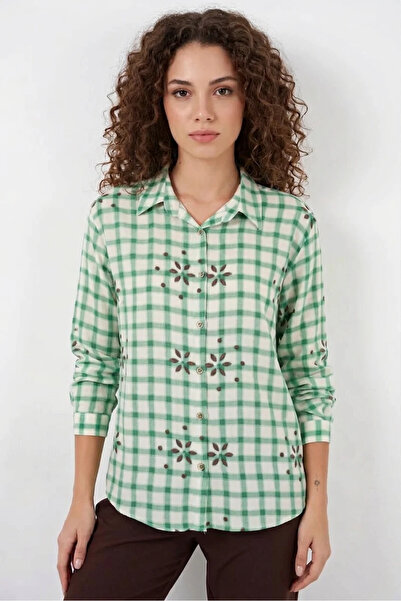 buğrahayalin Women's Floral Detailed Oversize Checkered Patterned Viscose Gre...