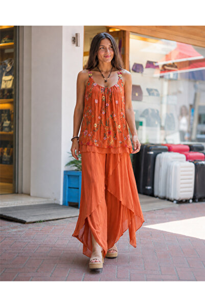 Miss Boheme Brick Color Italian Silk Trousers Blouse Set