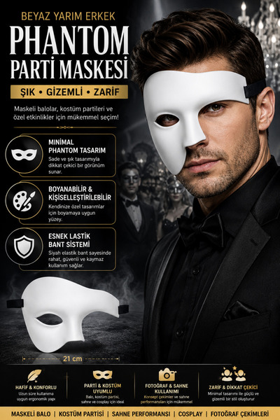 Tamsena Store Beyaz Yarım Erkek Phantom Maskesi Parti Balo Cosplay Sahne Yüz ...