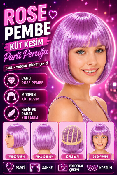 Tamsena Store Rose Pembe Küt Kesim Kısa Parti Peruğu Sentetik Takma Saç
