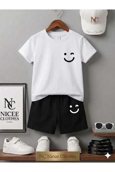 NC Nicee Clothes Summer Children's T-Shirt Shorts Unisex (Black Smile Emoji P...