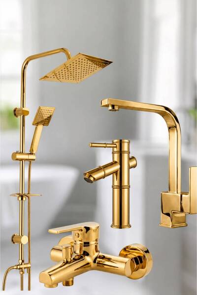 Fulcie RocciArmatur 4’lü Batarya Seti Gold Altın Pirinç Banyo Bambu Lavabo Ka...