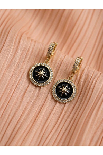 Mazzy Gold Black Stone Dangle Round Steel Earrings