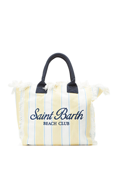 MC2 Saint Barth Vanity Beyaz Sarı Çizgili Kanvas Plaj Çantası
