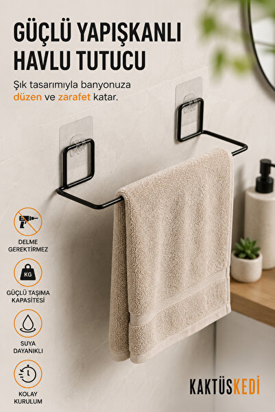 KaktüsKedi Güçlü Yapışkanlı Havlu Tutucu Siyah Banyo Havluluğu Delmeden Kulla...