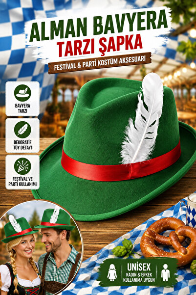 Tamsena Store Alman Bavyera Şapkası Yeşil Kırmızı Kurdeleli Beyaz Tüylü Unise...
