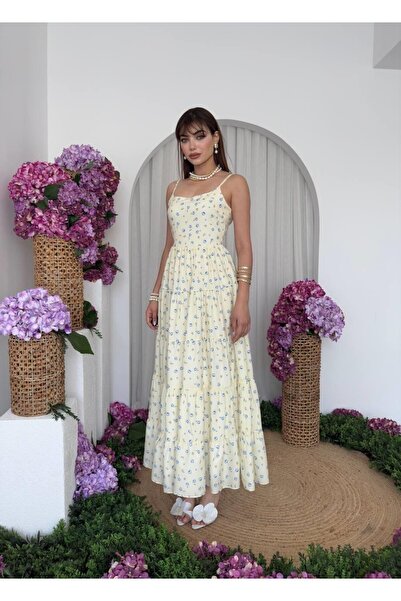 Caddebostan Moda Floral Patterned Layered Long Summer Dress with Rope Straps