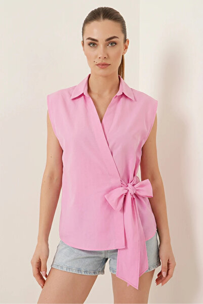 Efnaz style Women's Wrap Collar Belted Zero Sleeve Cotton Pink Shirt