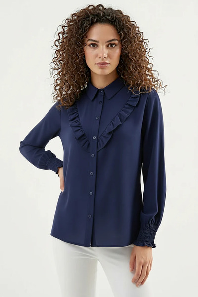 buğrahayalin Women's Ruffled Long Sleeve Navy Blue Shirt