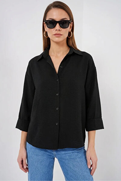buğrahayalin Women's Short Sleeve Oversize Viscose Black Shirt