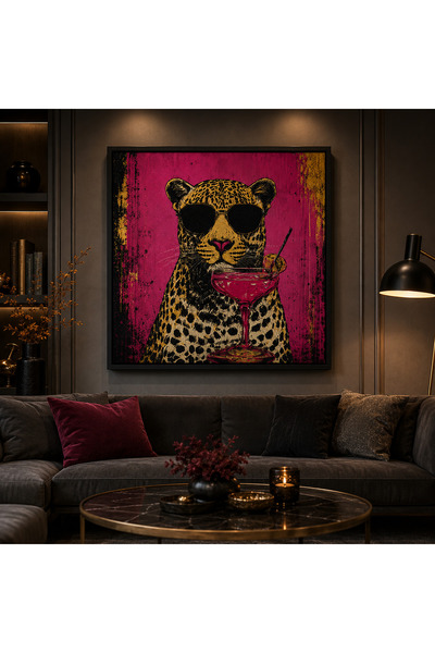 MİRO EXPRESS Luxury Leopard Cocktail Kalın Çerçeveli Kanvas Tablo – Modern Po...