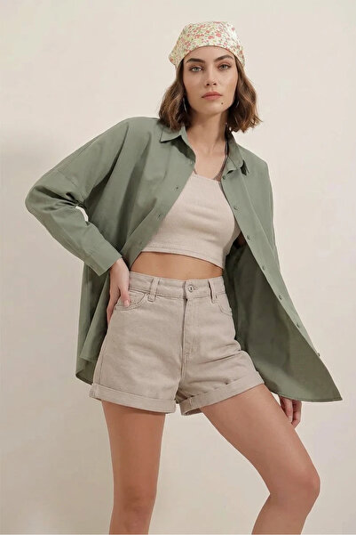 buğrahayalin Women's Oversize Cut Basic Cotton Khaki Shirt
