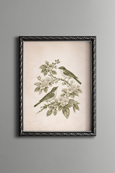 epiqart Two Birds on Flower Branches - Vintage Patterned Frame - Slim Model