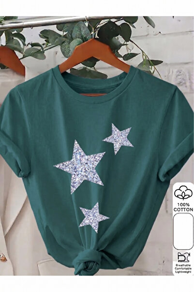 shidumanlar NEFTİ YEŞİL Oversize Star Design Βαμβακερό Μπλουζάκι