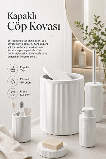Eco Lounge Beyaz Banyo Düzenleyici Set 5 Parça Çöp Kovası Tuvalet Fırçası Sabunluk Fırçalık