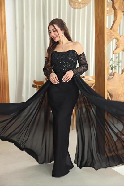 Nice Model Black Long Evening Dress with Shiny Sequin Bodice and Chiffon Ruff...