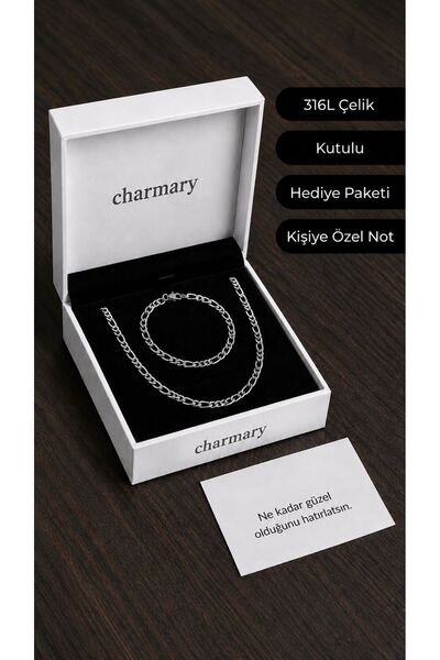Charmary Erkek Çelik Kolye ve Bileklik Set Kararmaz Paslanmaz Şık İnce Zincir