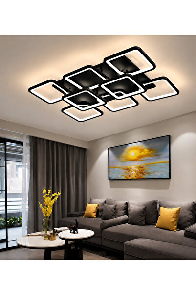 kra avize Ares 6+2 Siyah Plafonyer Lüks Modern 8'Lİ Beyazl Ledli Avize