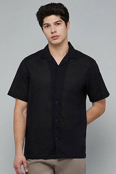 R&B Textured Shirt with Revere Collar and Short Sleeves