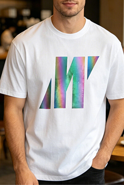 Fleck Casual Style T Shirts For Men Rainbow Holographic Letter M Mens Printed...