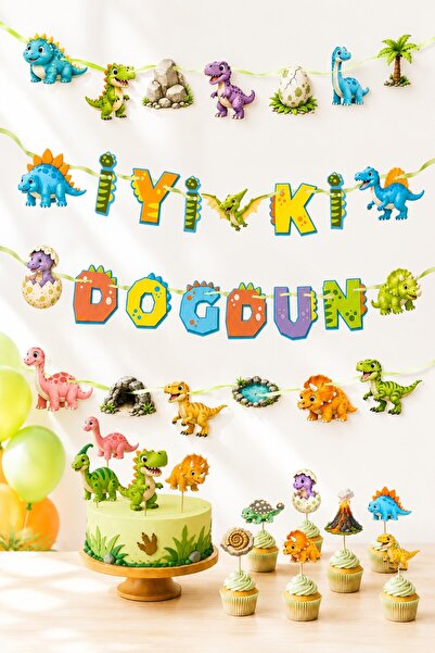 MSticker Set pentru petrecerea de aniversare cu tematică dinozauri, Banner La...