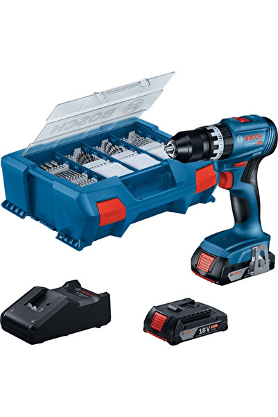 Bosch Gsb 18V-45 Çift Akülü 2.0 Ah Darbeli Vidalama + 63 Parça Aksesuar Seti