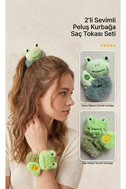 lookatelier 2'li Sevimli Peluş Kurbağa Saç Tokası Seti - Kalp Ve Yonca Detayl...