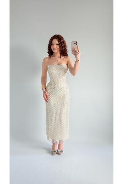 ayşenur Dinçer butik Mermaid Midi Straplez Abiye Ekru