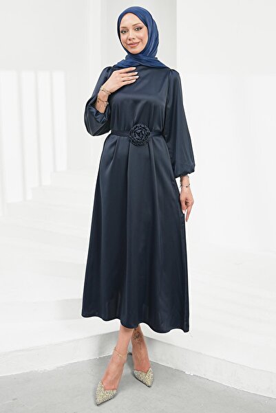 İmajButik Navy Blue Rose Belt Detailed Balloon Sleeve Satin Evening Dress