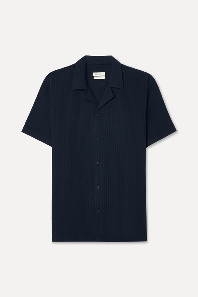Mudo Men's Navy Blue Striped Regular Fit Resort Collar Short Sleeve Shirt