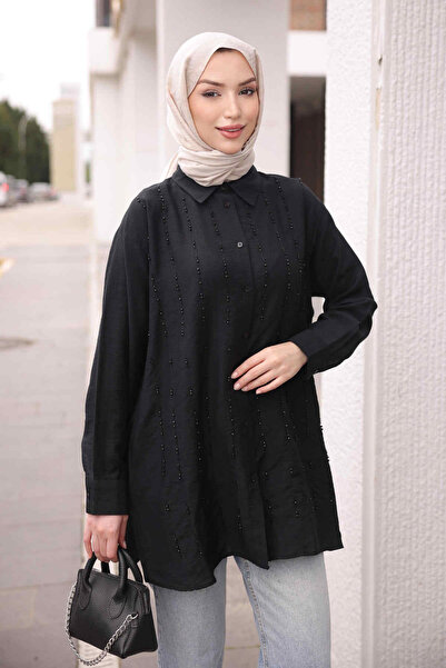 İmajButik Black Beaded Embroidered Shirt