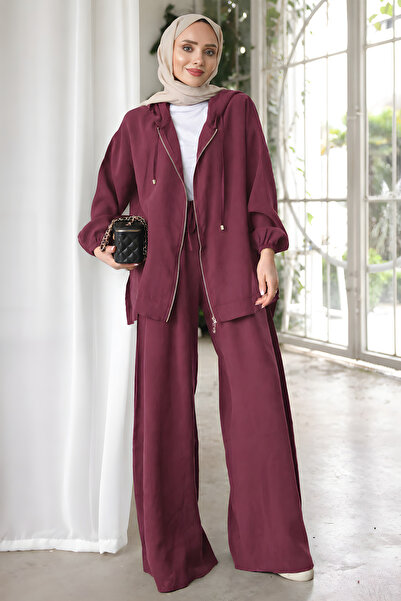 İmajButik Dark Plum Hooded Wide-Leg Jacket and Trousers Set
