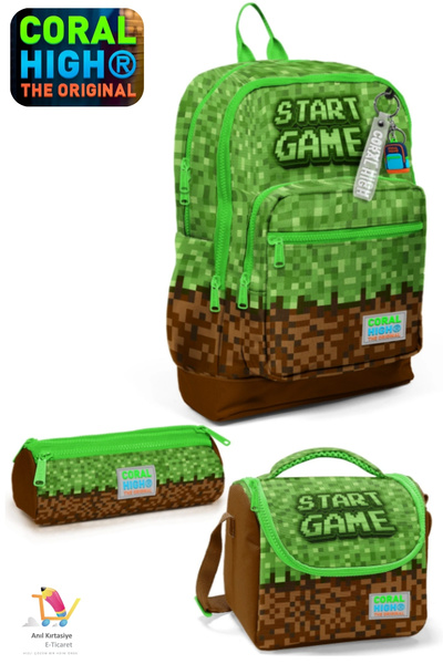Coral High Kids Green Brown Craft Patterned Four-Compartment School Backpack,...