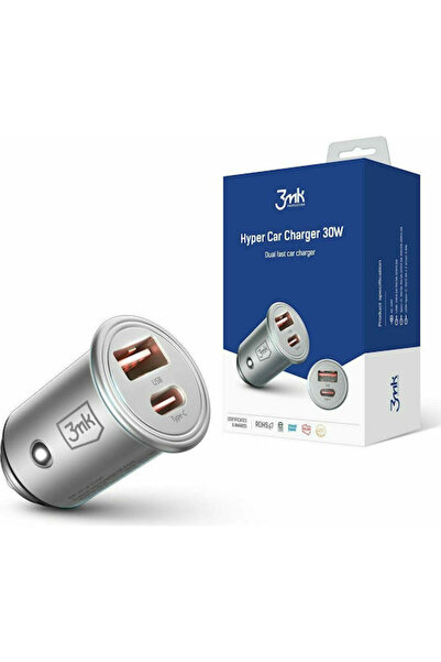 3MK HyperCar Φορτιστής Αυτοκινήτου 30W με Θύρες: 1xUSB 1xType-C Ασημί Χρώμα Κ...