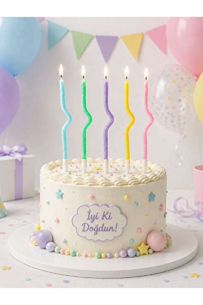 Magique Party Kıvrımlı Macaron Soft Renkli ve Simli Pasta Mumu 5li