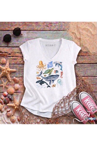 ScubaPromoTurkey Spirit of the Sea Printed White V-Neck Flared Cotton T-Shirt